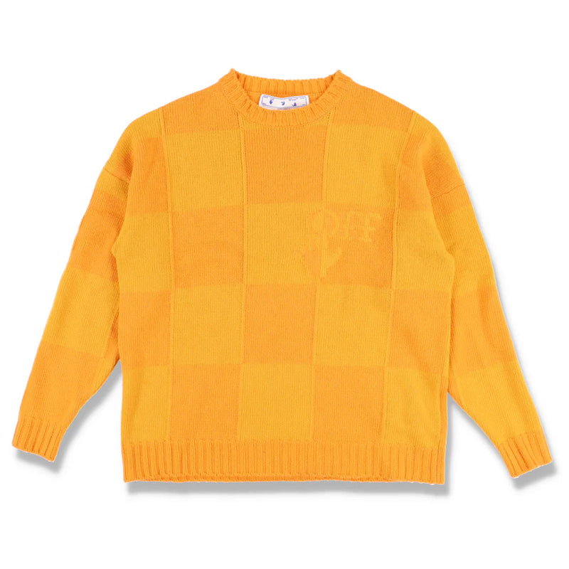 Off-White Orange and Yellow Checkerboard Logo Intarsia Sweater