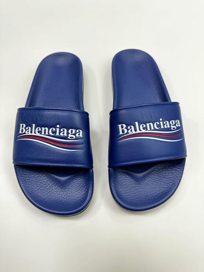 BALENCIAGA LEATHER SLIDES BLUE