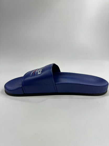 BALENCIAGA LEATHER SLIDES BLUE