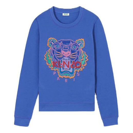 KENZO Embroidered Tiger Head Round Neck Blue Hoodie